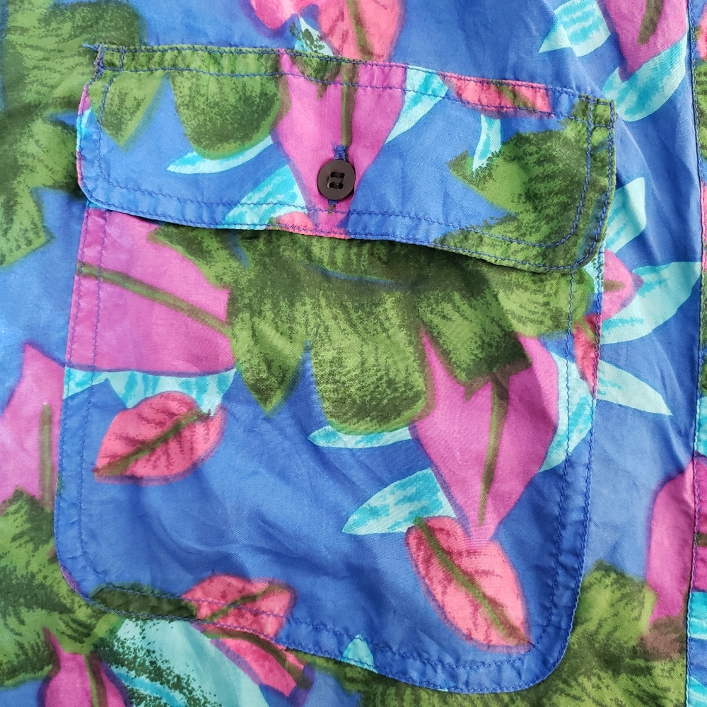 Vintage Silk Blouse Size 1X Button Up Shirt Tropical Blue Pockets Leena Studio - Picture 7 of 12